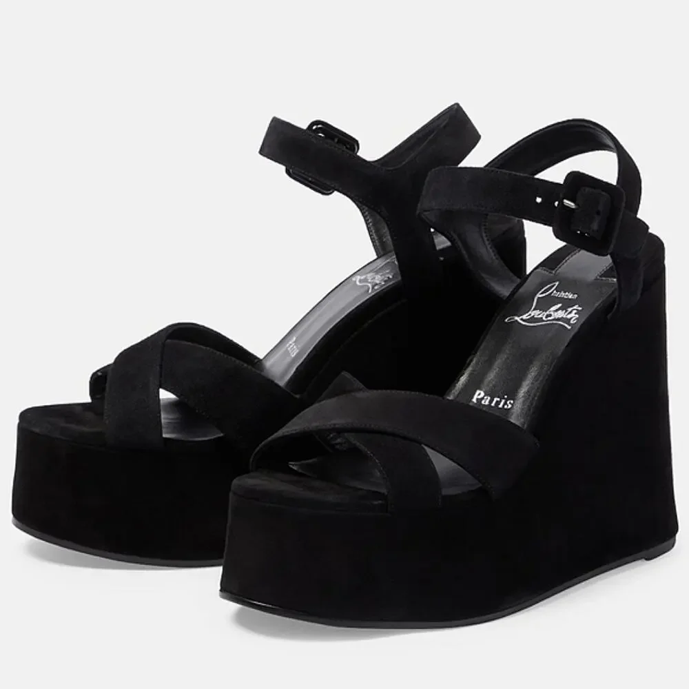 NWT$1,195 CHRISTIAN LOUBOUTIN Supramariza Black Velvet Wedge Heel Sandals Sz 39